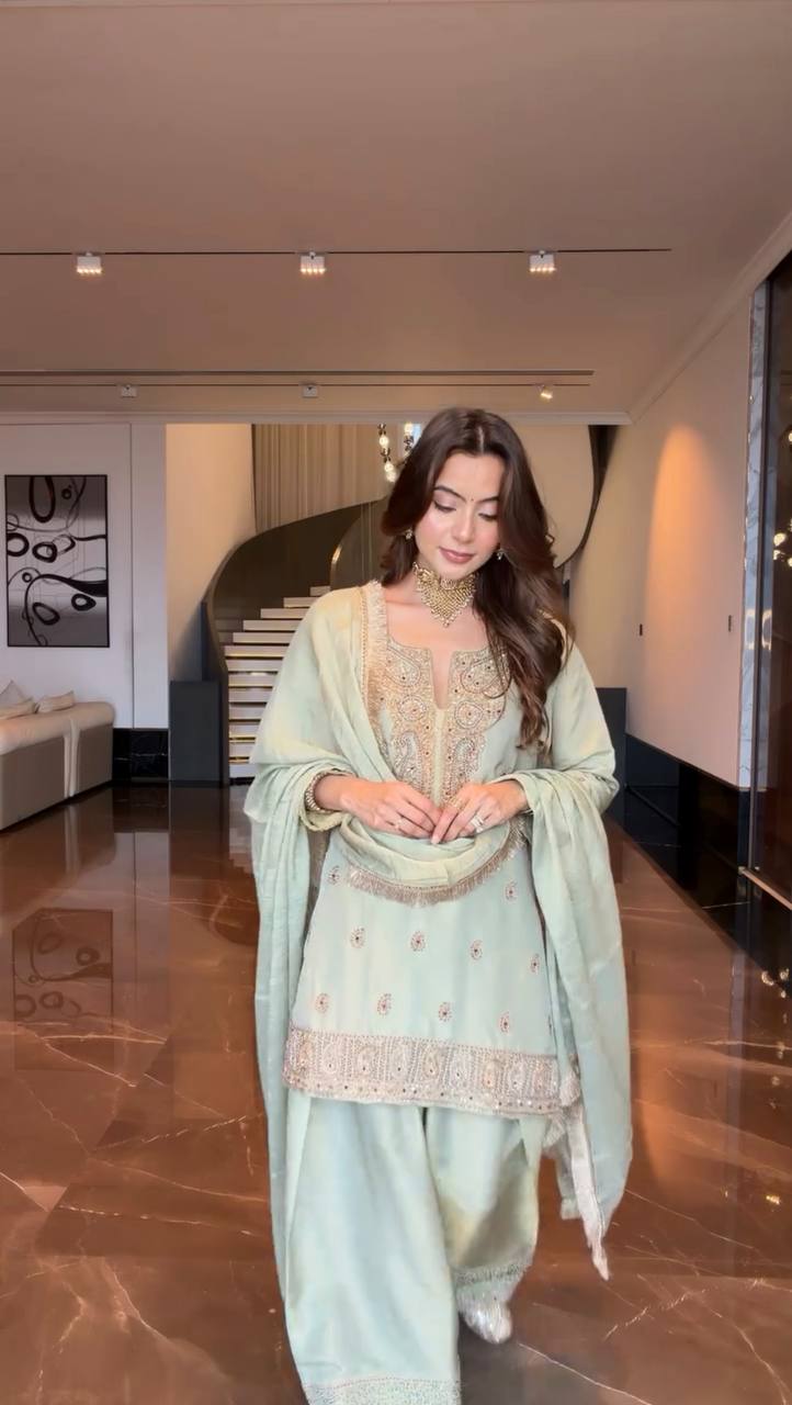 Zareen Germane Chinon Farshi Salwar Suit with Cording Sequin Embroidery and Golden Lace Dupatta