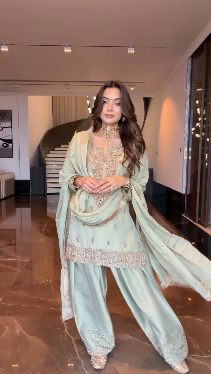 Zareen Germane Chinon Farshi Salwar Suit with Cording Sequin Embroidery and Golden Lace Dupatta