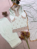 Zareen Germane Chinon Farshi Salwar Suit with Cording Sequin Embroidery and Golden Lace Dupatta