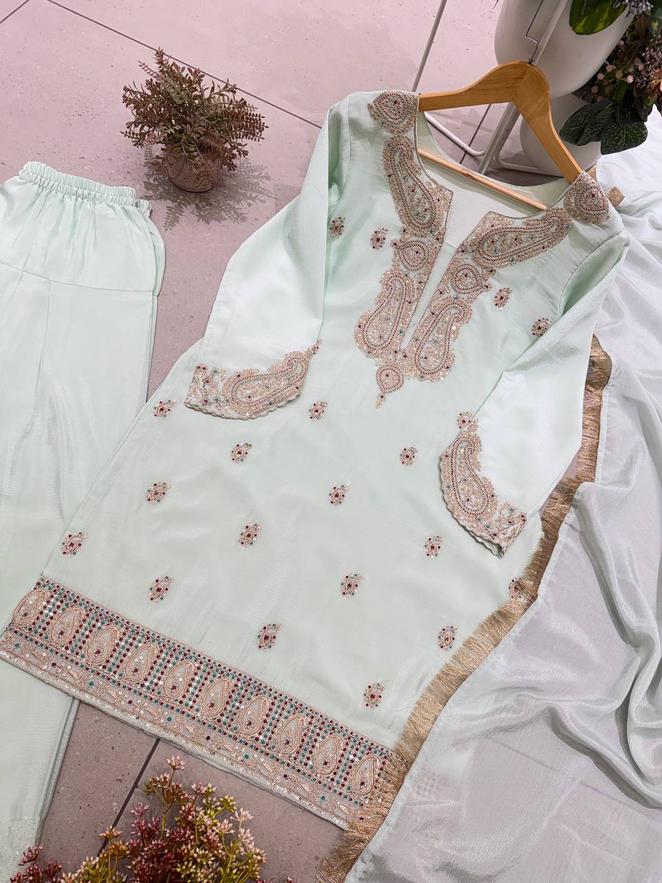 Zareen Germane Chinon Farshi Salwar Suit with Cording Sequin Embroidery and Golden Lace Dupatta