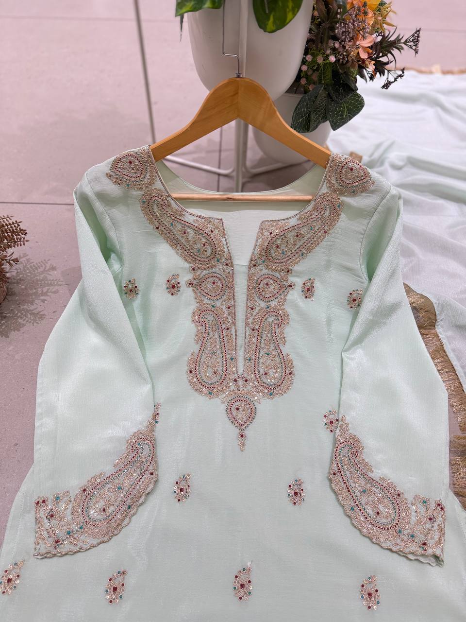 Zareen Germane Chinon Farshi Salwar Suit with Cording Sequin Embroidery and Golden Lace Dupatta
