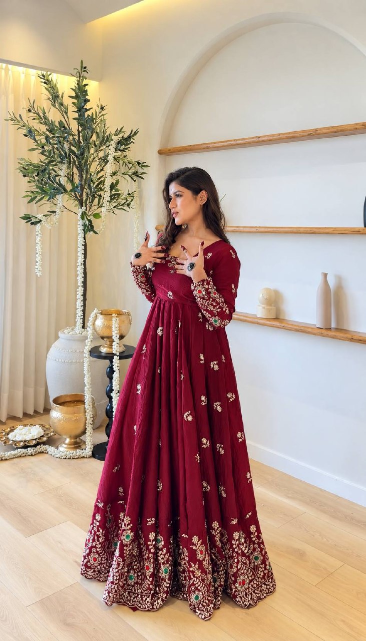 Zareena Doremon Crush Embroidered Gown Set with Diamond Work and Lace Border Dupatta