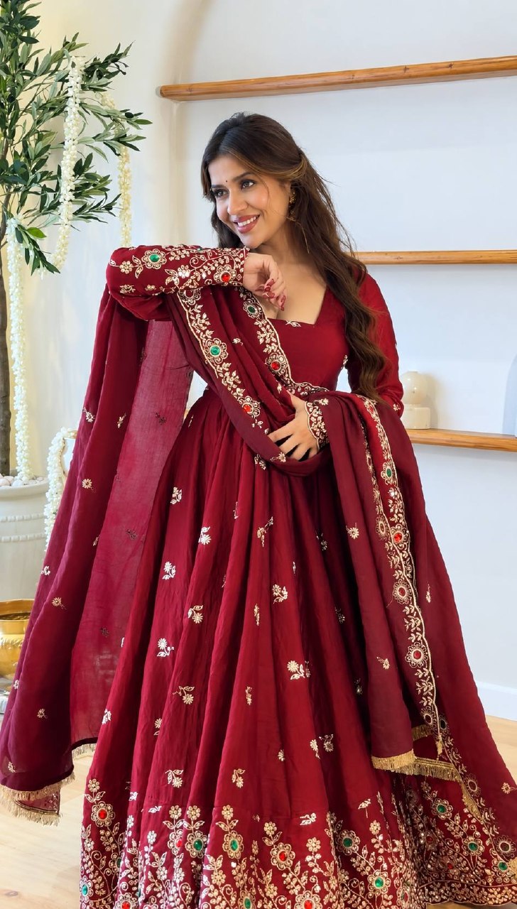 Zareena Doremon Crush Embroidered Gown Set with Diamond Work and Lace Border Dupatta
