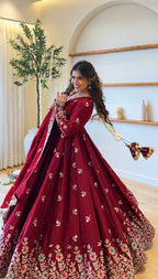 Zareena Doremon Crush Embroidered Gown Set with Diamond Work and Lace Border Dupatta