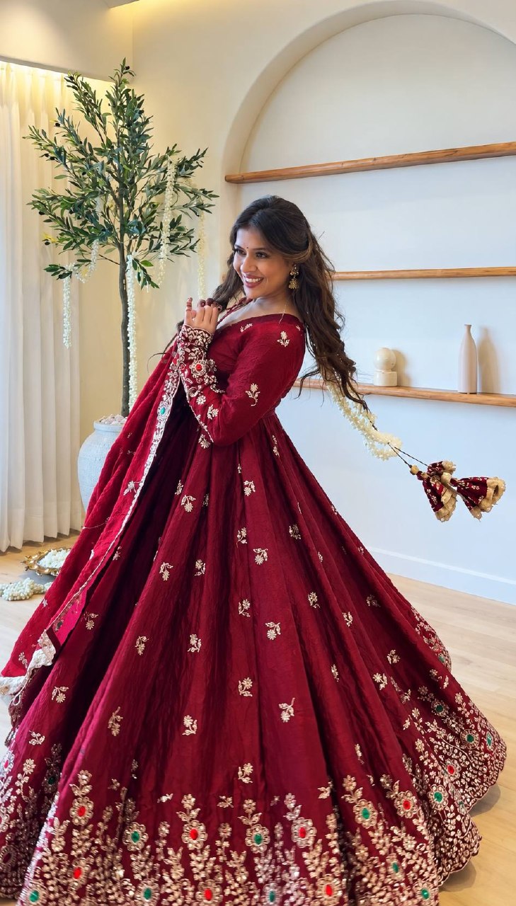 Zareena Doremon Crush Embroidered Gown Set with Diamond Work and Lace Border Dupatta