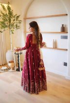 Zareena Doremon Crush Embroidered Gown Set with Diamond Work and Lace Border Dupatta