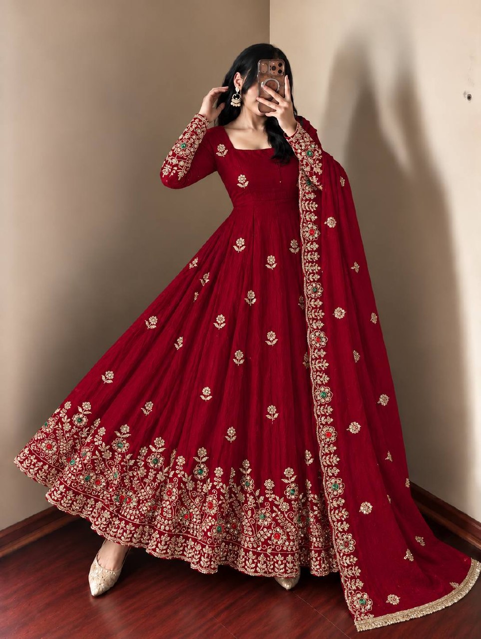 Zareena Doremon Crush Embroidered Gown Set with Diamond Work and Lace Border Dupatta