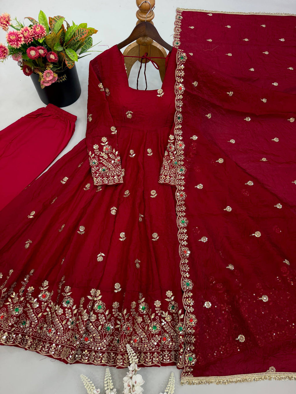 Zareena Doremon Crush Embroidered Gown Set with Diamond Work and Lace Border Dupatta