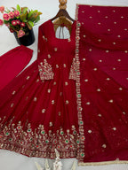 Zareena Doremon Crush Embroidered Gown Set with Diamond Work and Lace Border Dupatta
