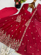 Zareena Doremon Crush Embroidered Gown Set with Diamond Work and Lace Border Dupatta
