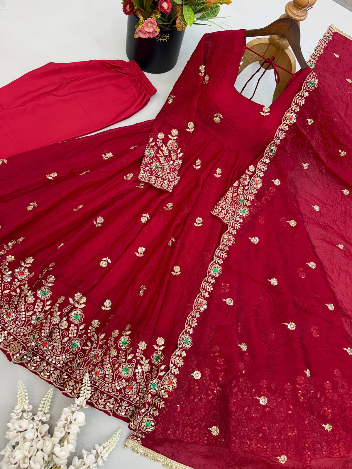 Zareena Doremon Crush Embroidered Gown Set with Diamond Work and Lace Border Dupatta