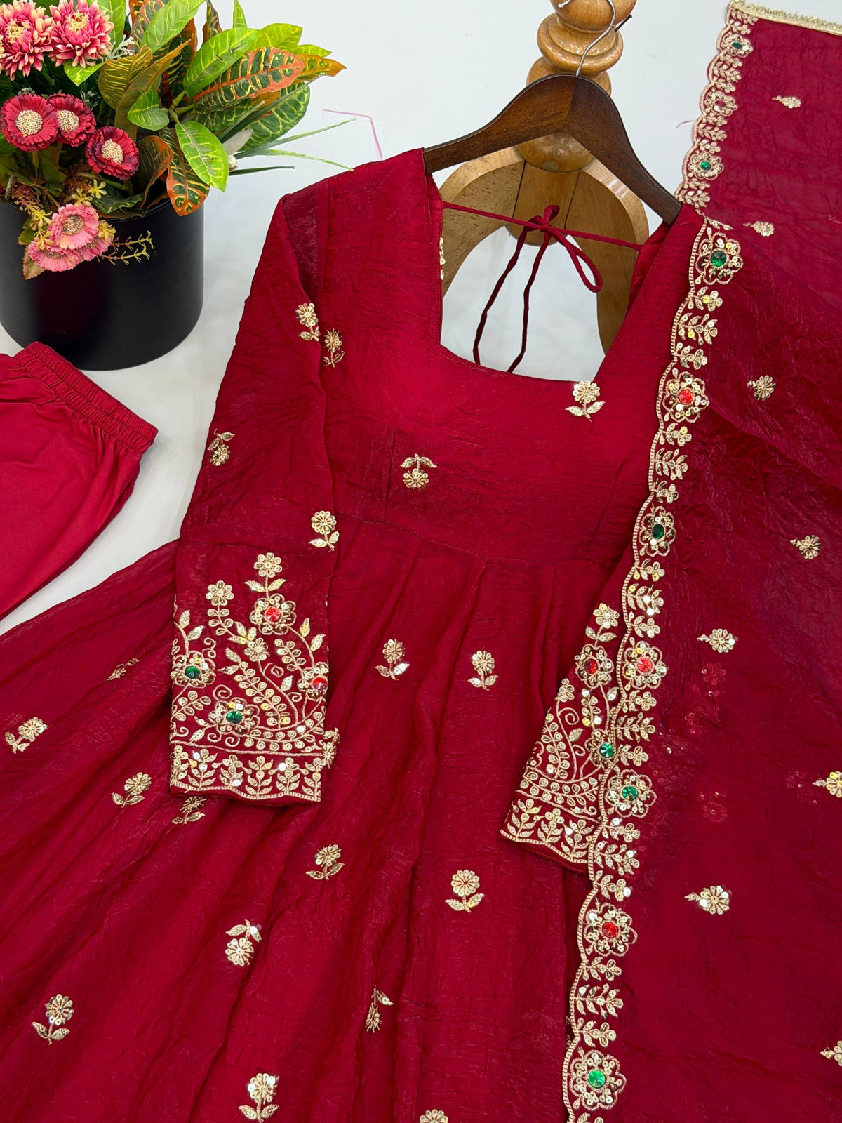 Zareena Doremon Crush Embroidered Gown Set with Diamond Work and Lace Border Dupatta