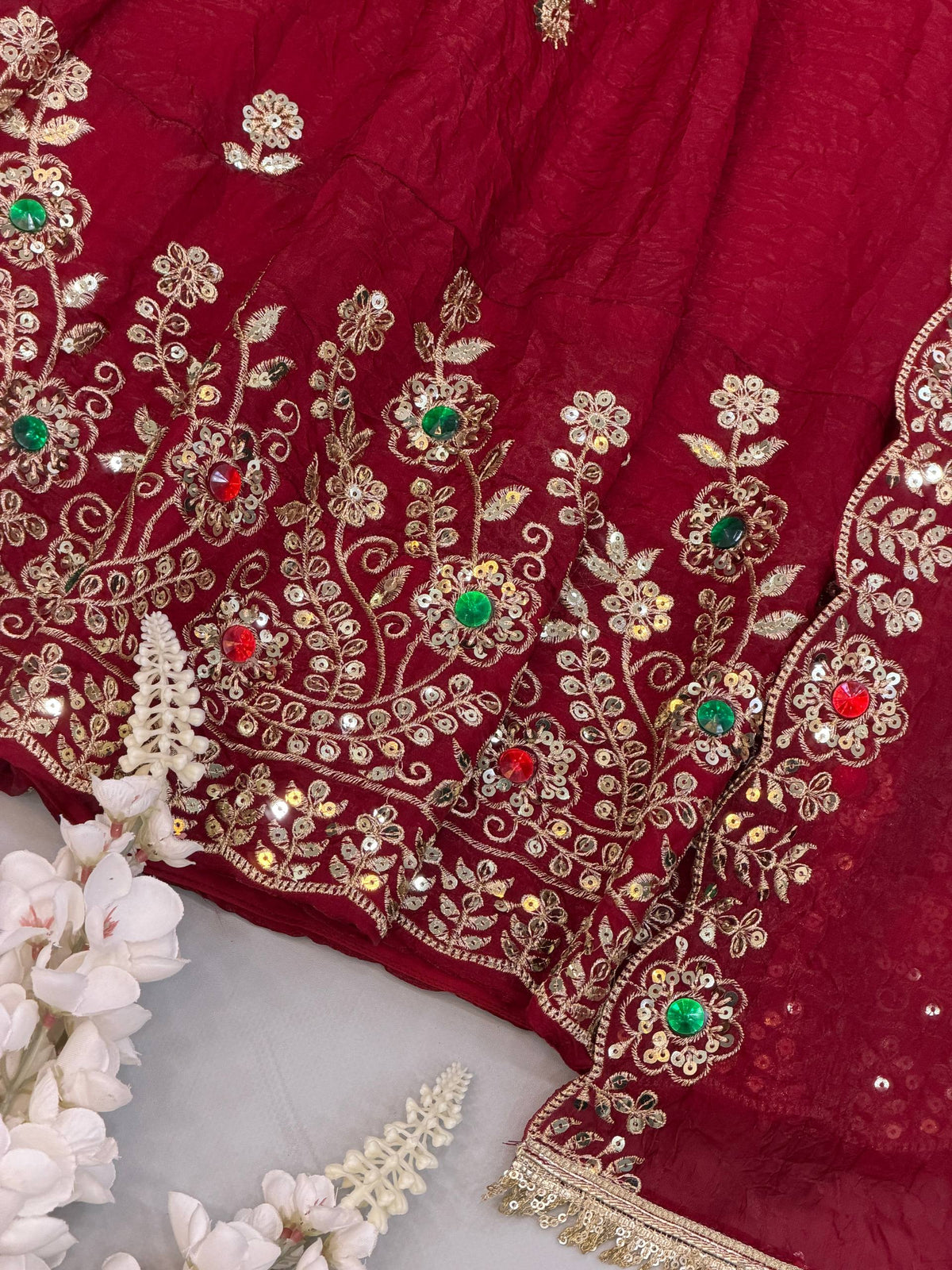 Zareena Doremon Crush Embroidered Gown Set with Diamond Work and Lace Border Dupatta