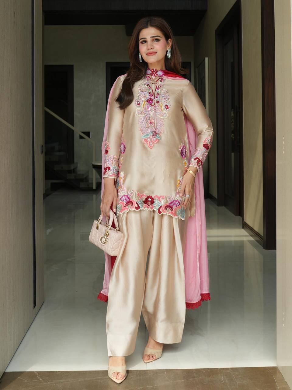 Designer Satin Embroidered Kurti with Farshi Salwaar & Dupatta