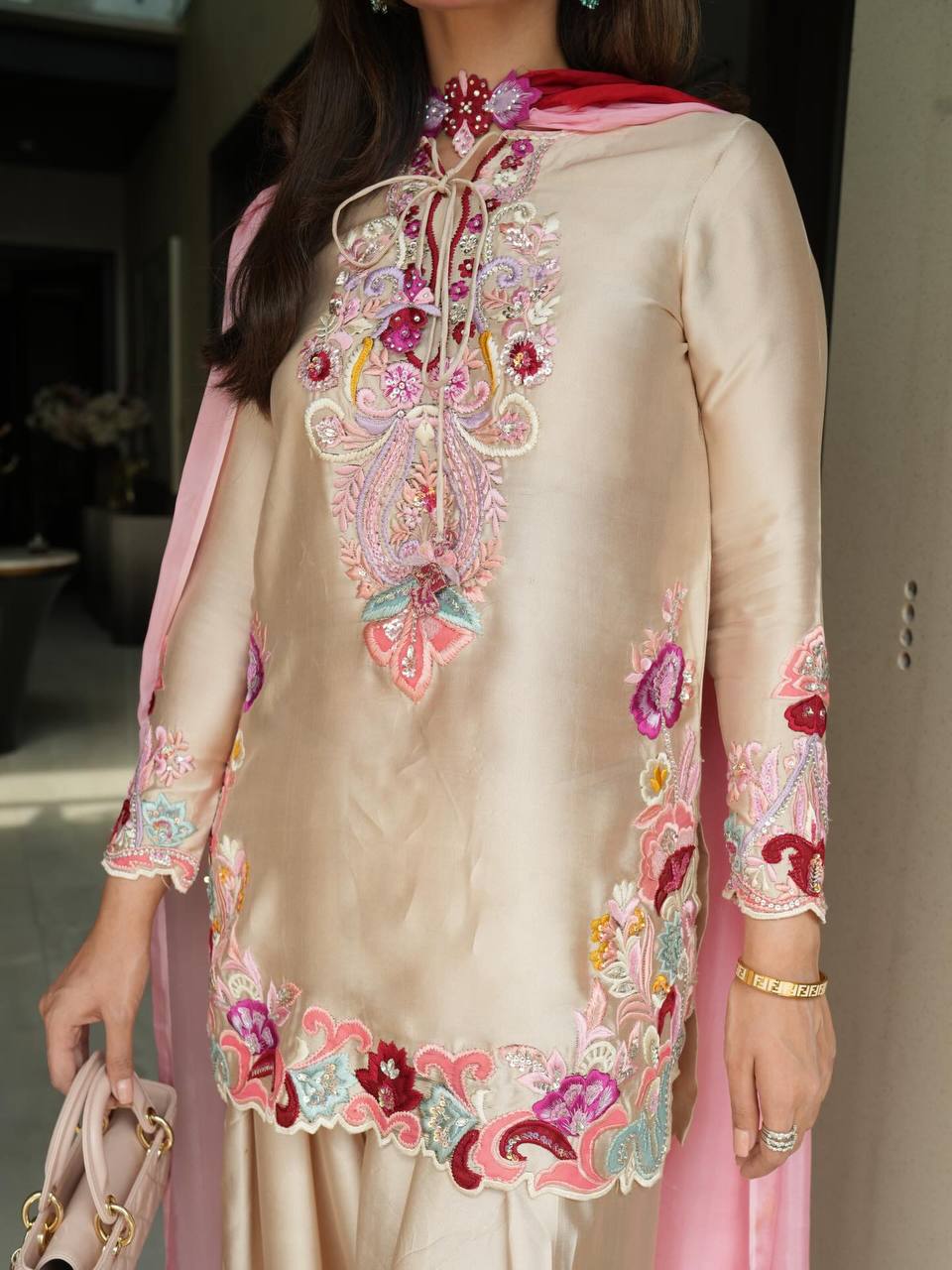 Designer Satin Embroidered Kurti with Farshi Salwaar & Dupatta