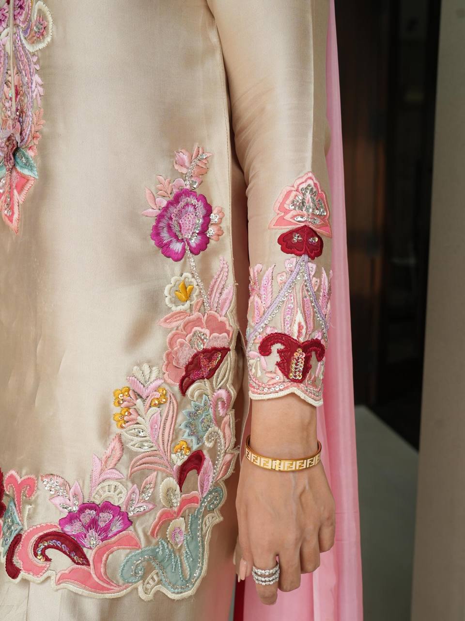 Designer Satin Embroidered Kurti with Farshi Salwaar & Dupatta