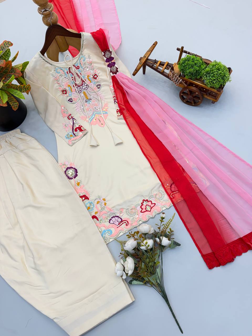 Designer Satin Embroidered Kurti with Farshi Salwaar & Dupatta
