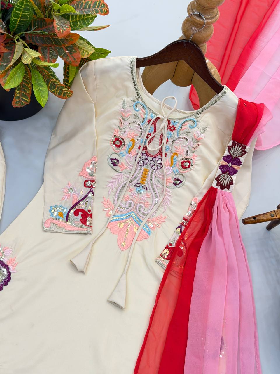 Designer Satin Embroidered Kurti with Farshi Salwaar & Dupatta