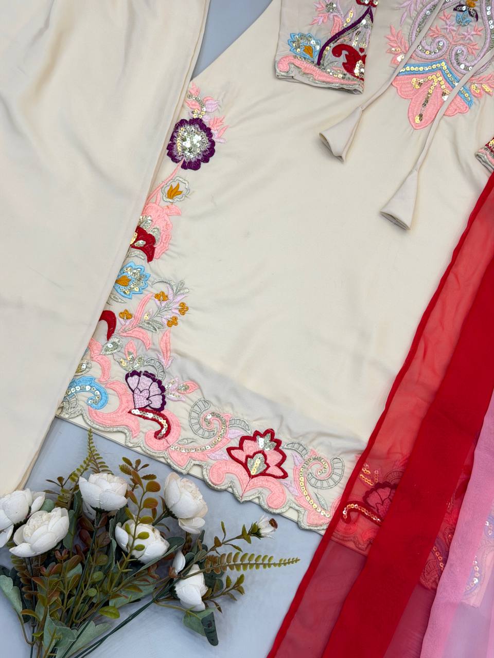 Designer Satin Embroidered Kurti with Farshi Salwaar & Dupatta