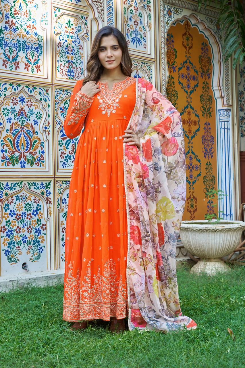 Designer Georgette Gown with Thread & Sequin Work Dupatta