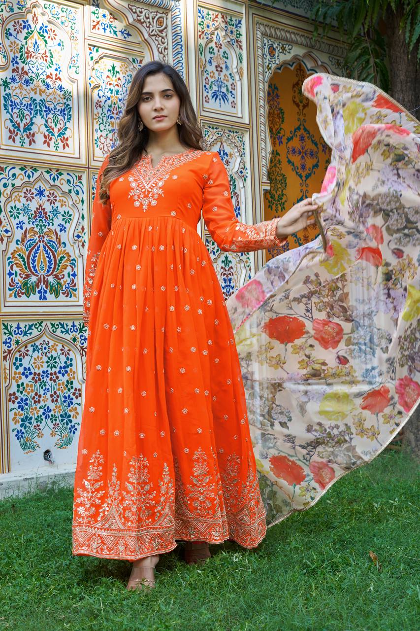 Designer Georgette Gown with Thread & Sequin Work Dupatta