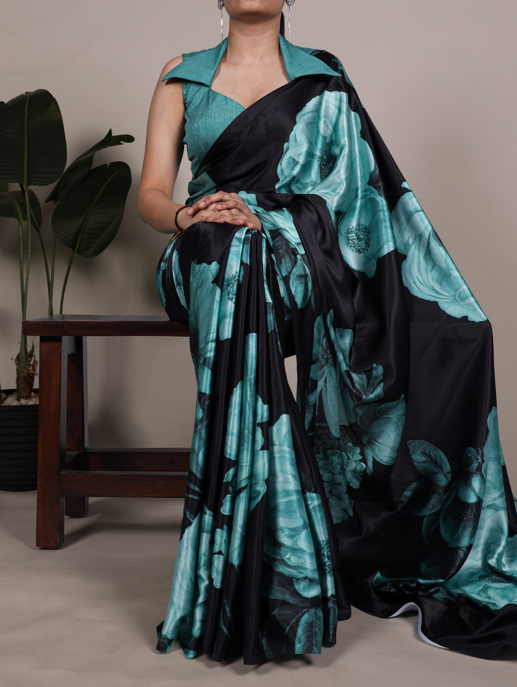 Aaradhya Satin Silk Floral Print Saree with Stitched Banglory Blouse