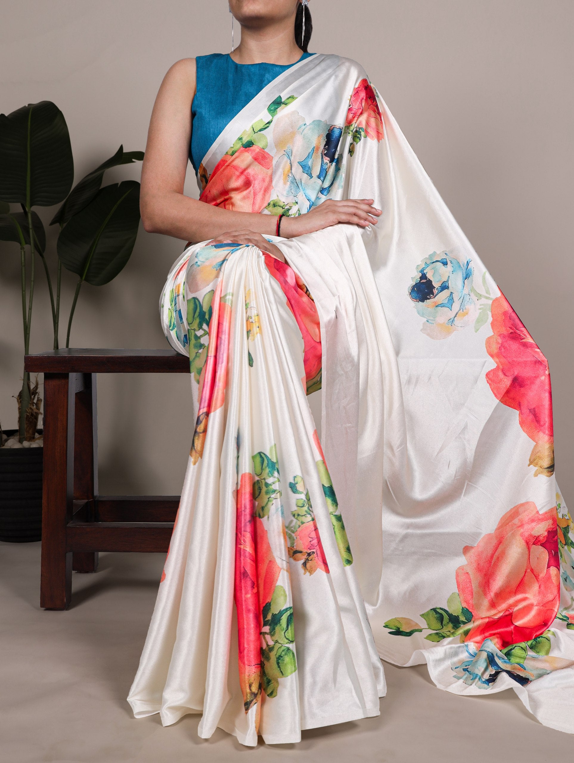 Aaradhya Satin Silk Floral Print Saree with Stitched Banglory Blouse