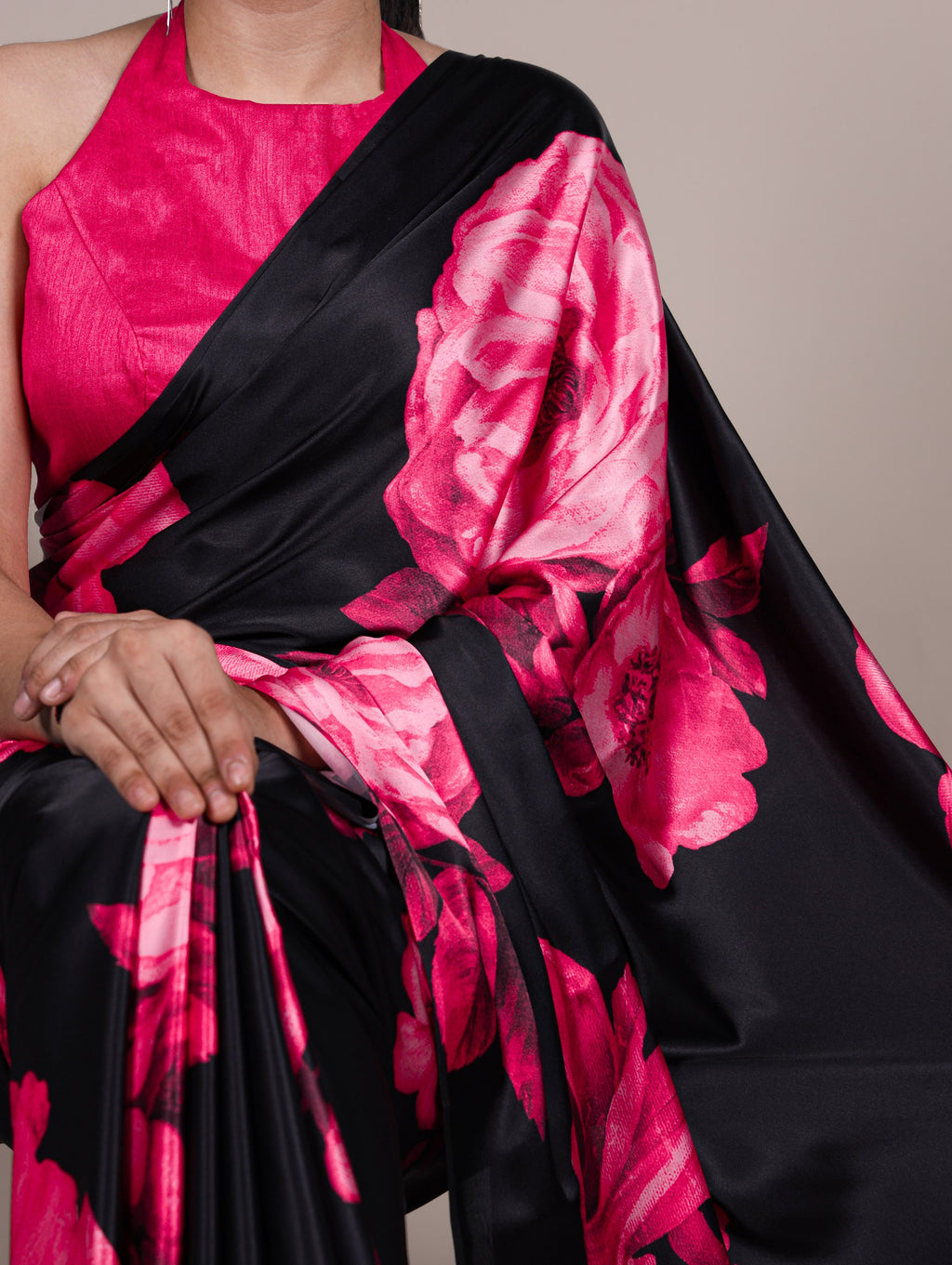 Aaradhya Satin Silk Floral Print Saree with Stitched Banglory Blouse