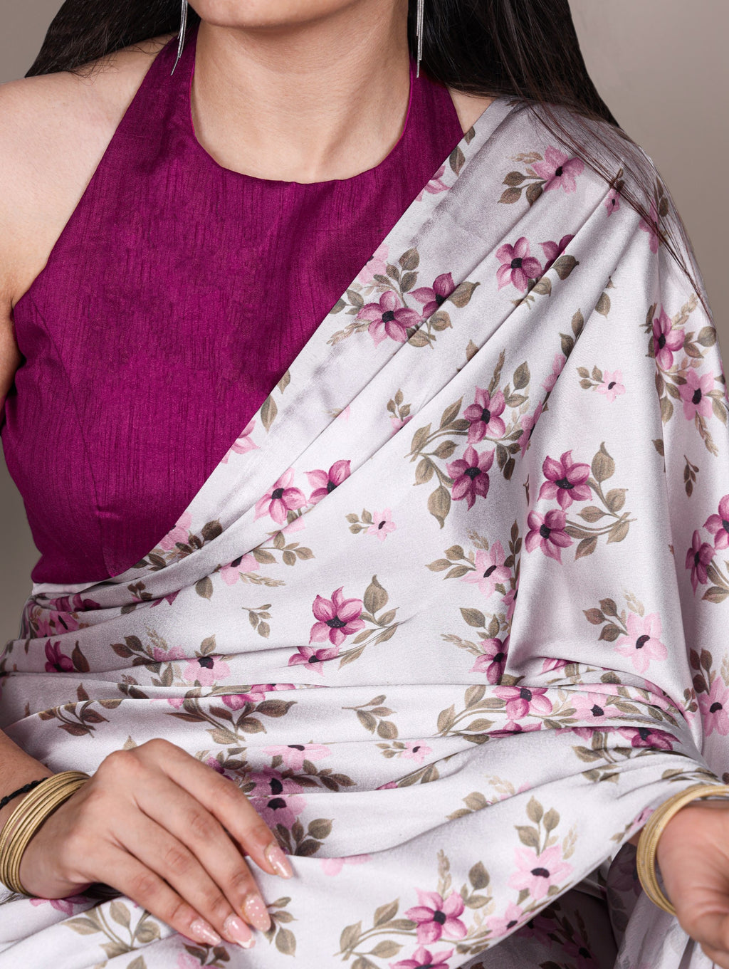 Aaradhya Satin Silk Floral Print Saree with Stitched Banglory Blouse