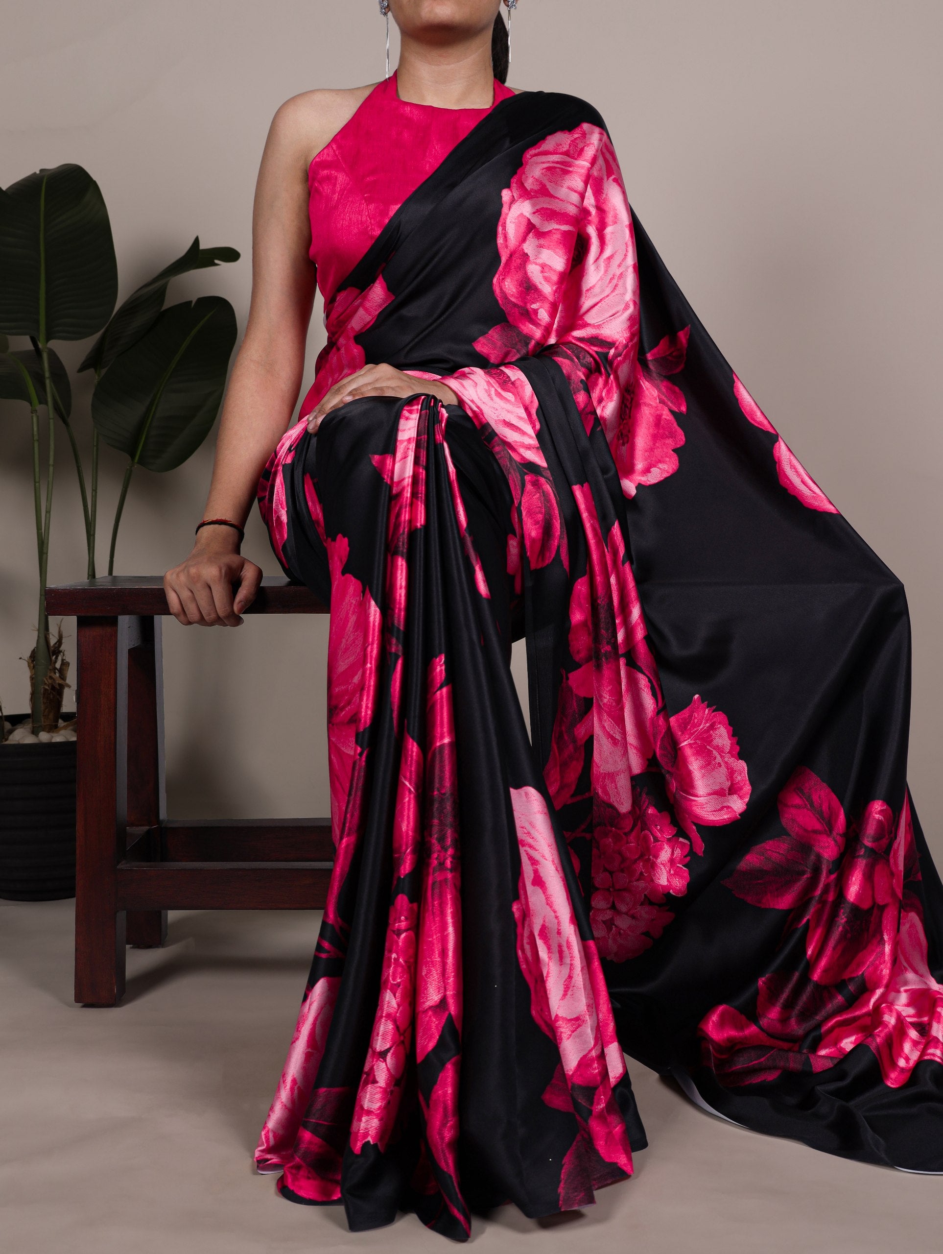 Aaradhya Satin Silk Floral Print Saree with Stitched Banglory Blouse