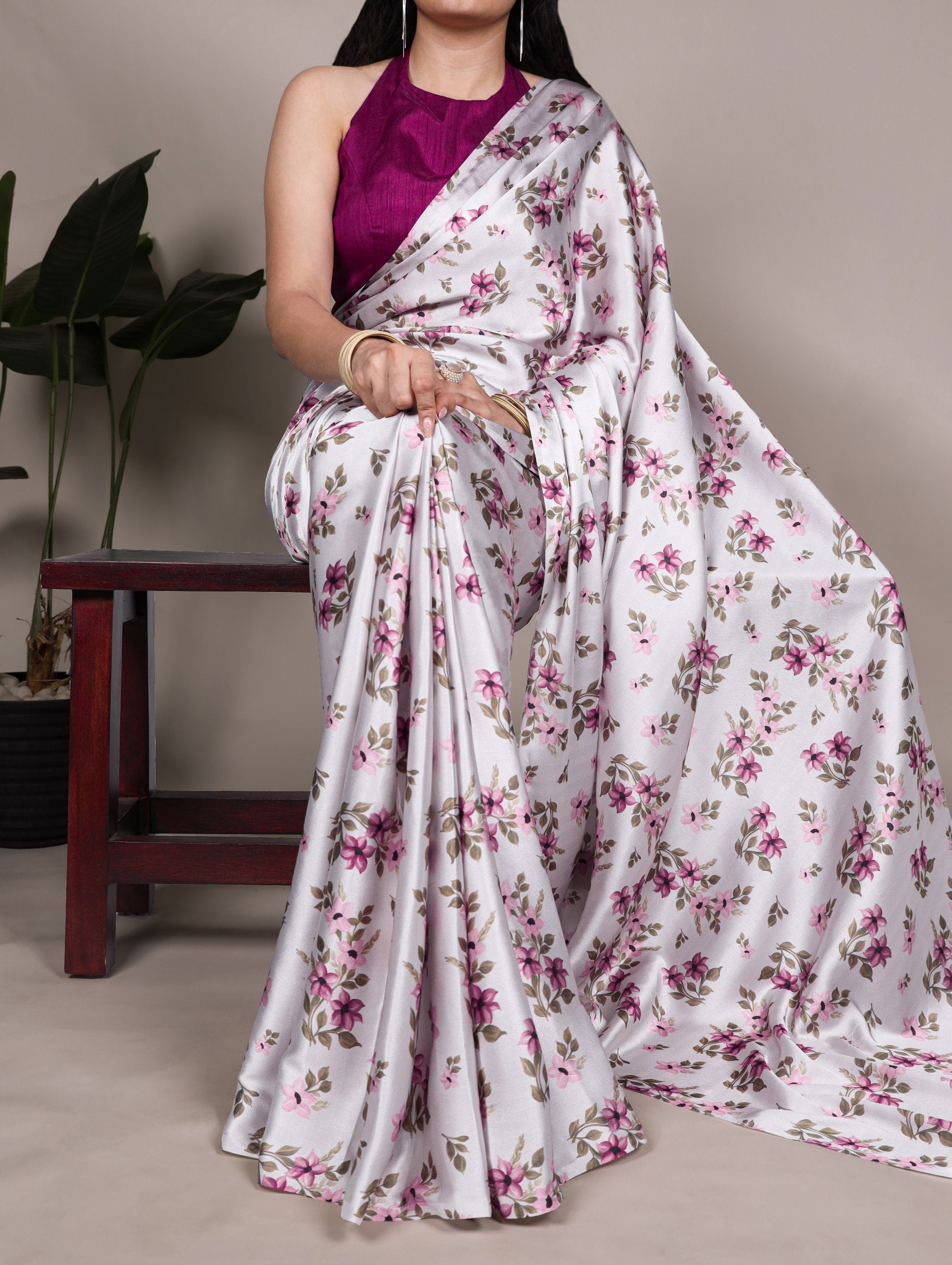 Aaradhya Satin Silk Floral Print Saree with Stitched Banglory Blouse