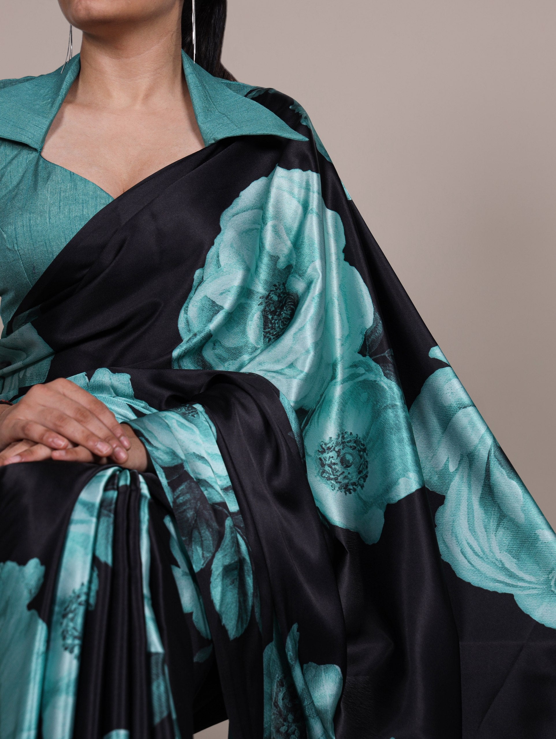 Aaradhya Satin Silk Floral Print Saree with Stitched Banglory Blouse