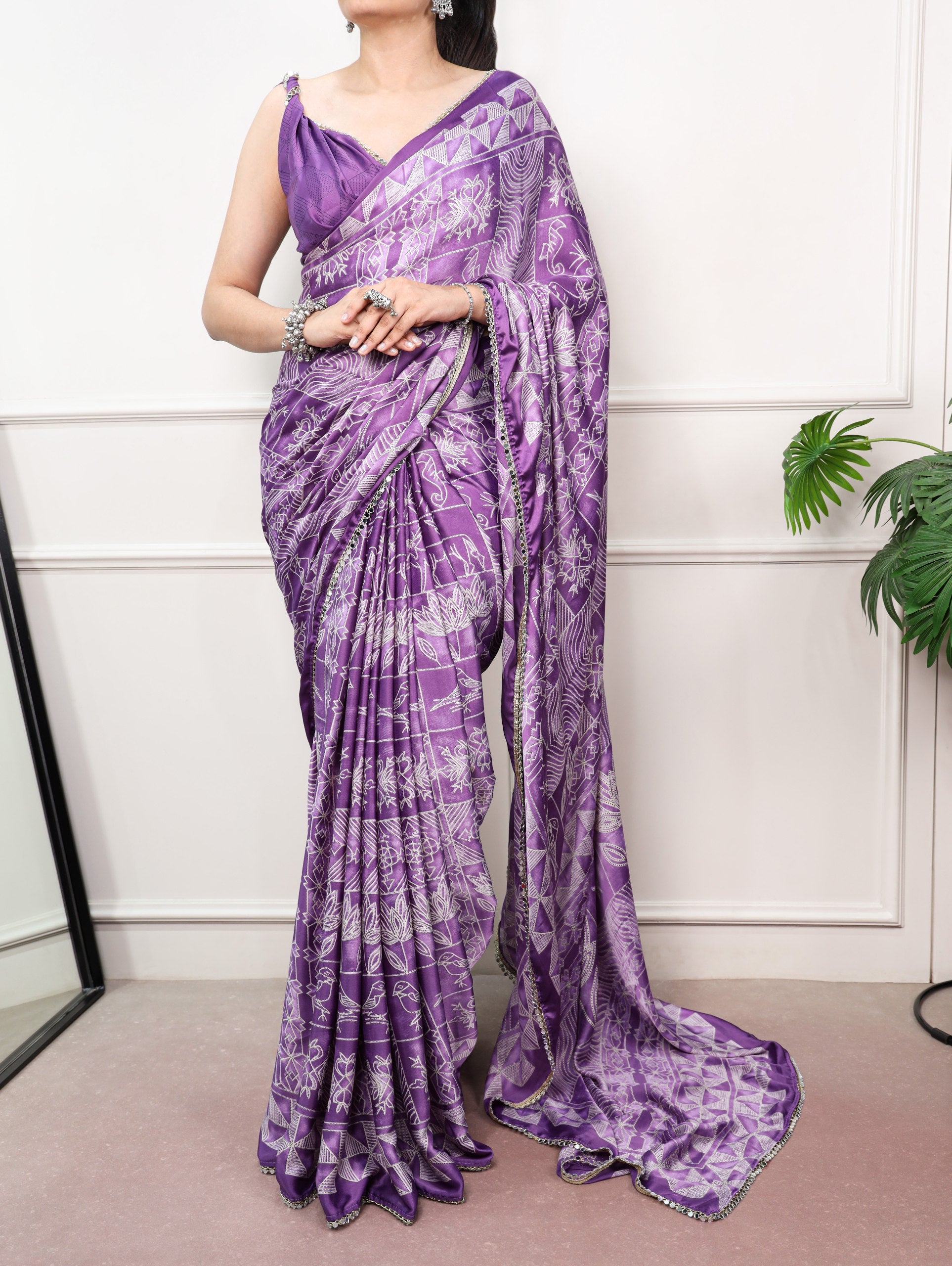 Vaidehi Satin Silk Geometric Print Mirror Lace Saree with Stitched Blouse