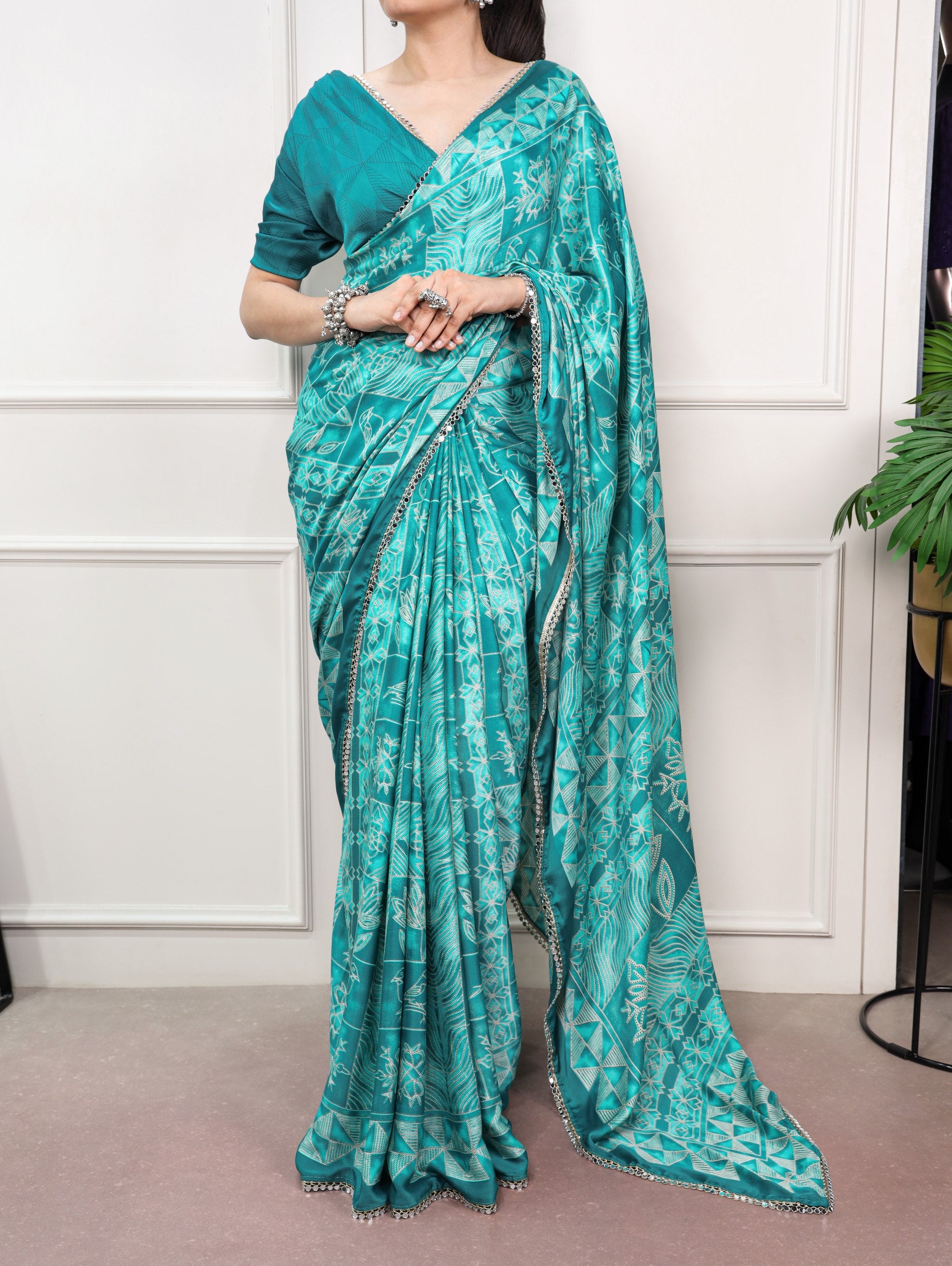 Vaidehi Satin Silk Geometric Print Mirror Lace Saree with Stitched Blouse
