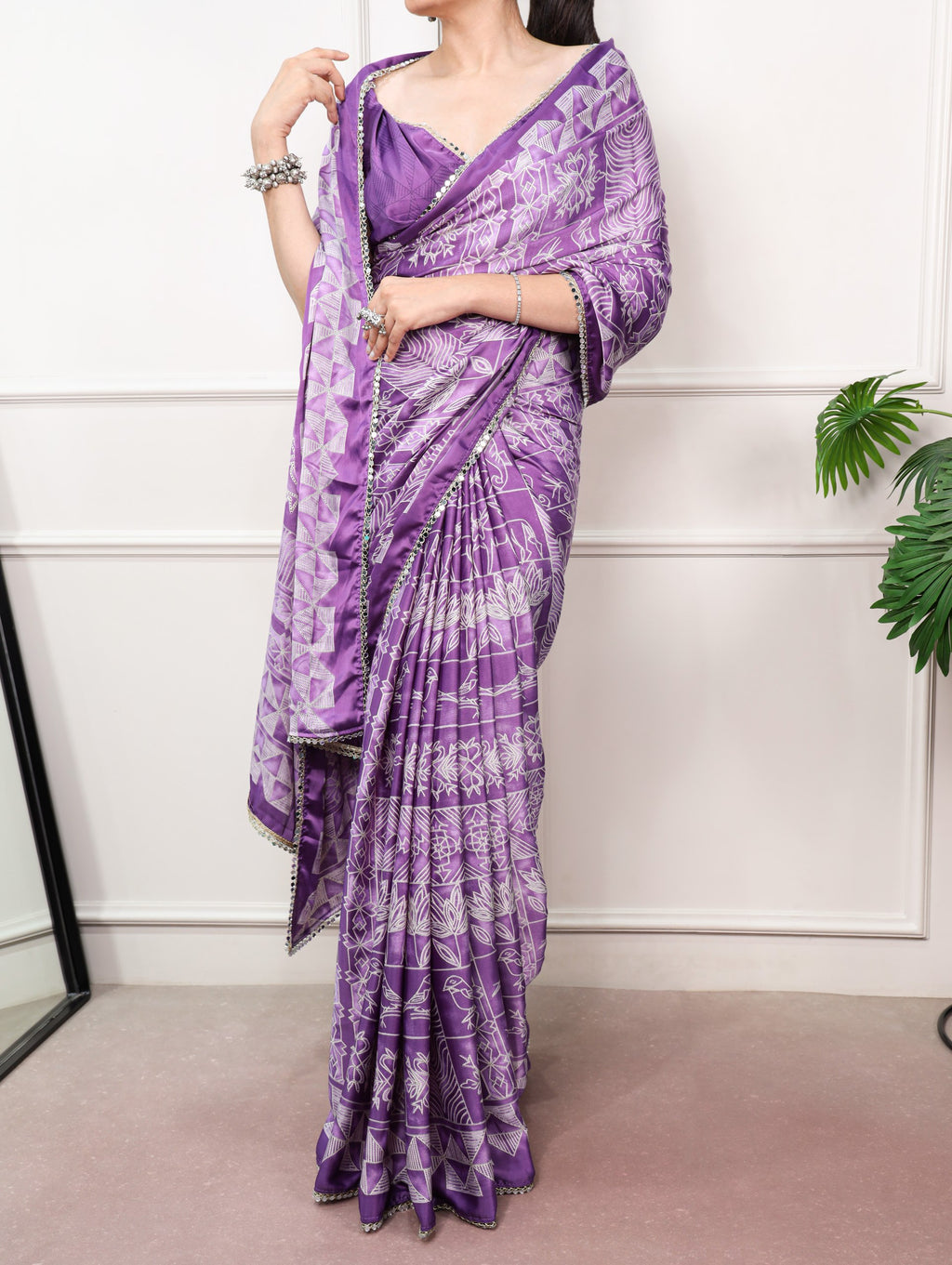 Vaidehi Satin Silk Geometric Print Mirror Lace Saree with Stitched Blouse