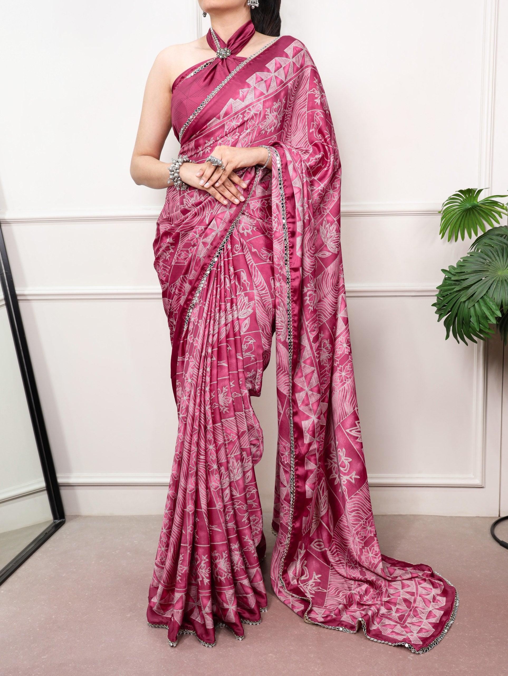 Vaidehi Satin Silk Geometric Print Mirror Lace Saree with Stitched Blouse