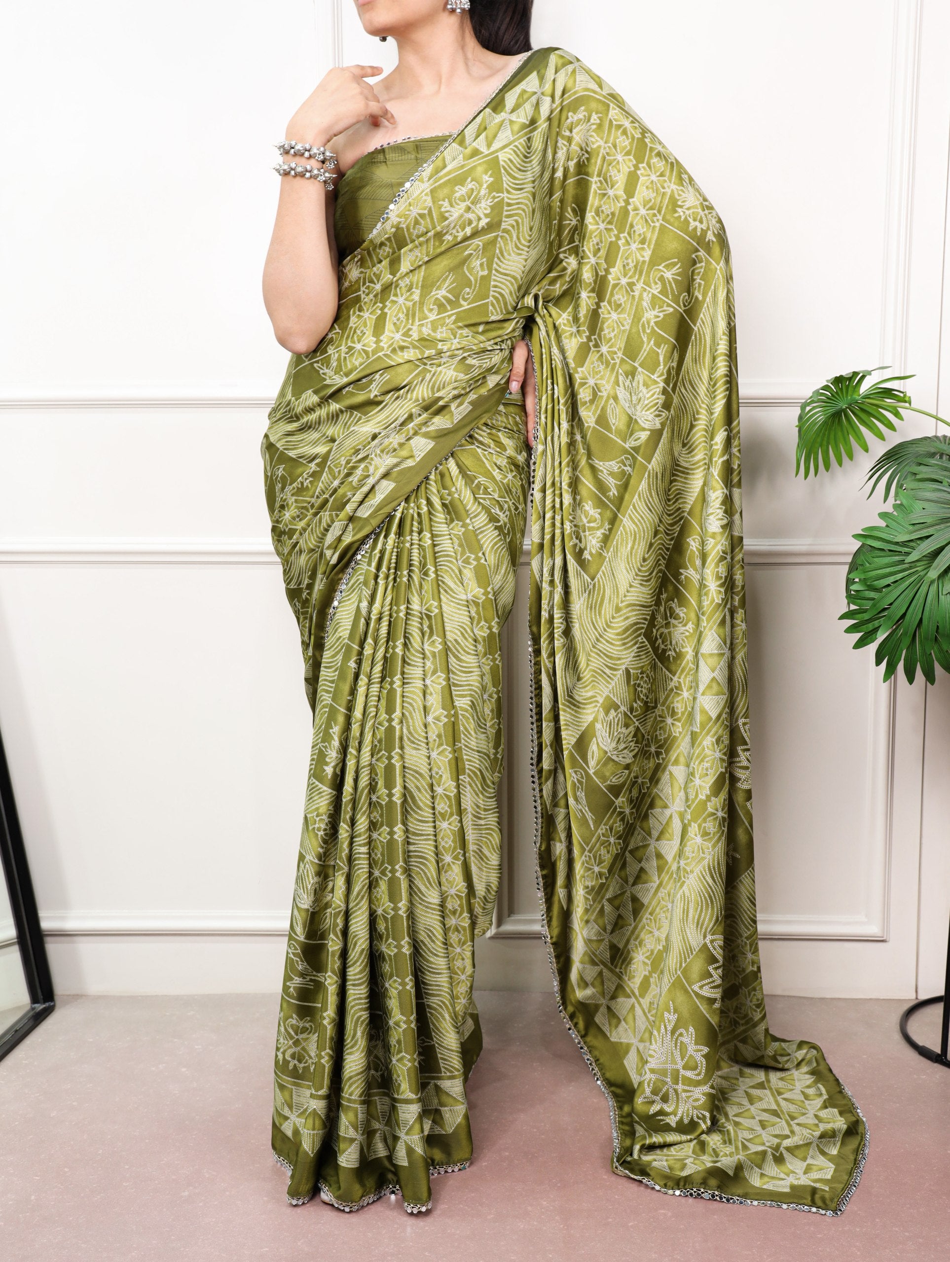 Vaidehi Satin Silk Geometric Print Mirror Lace Saree with Stitched Blouse