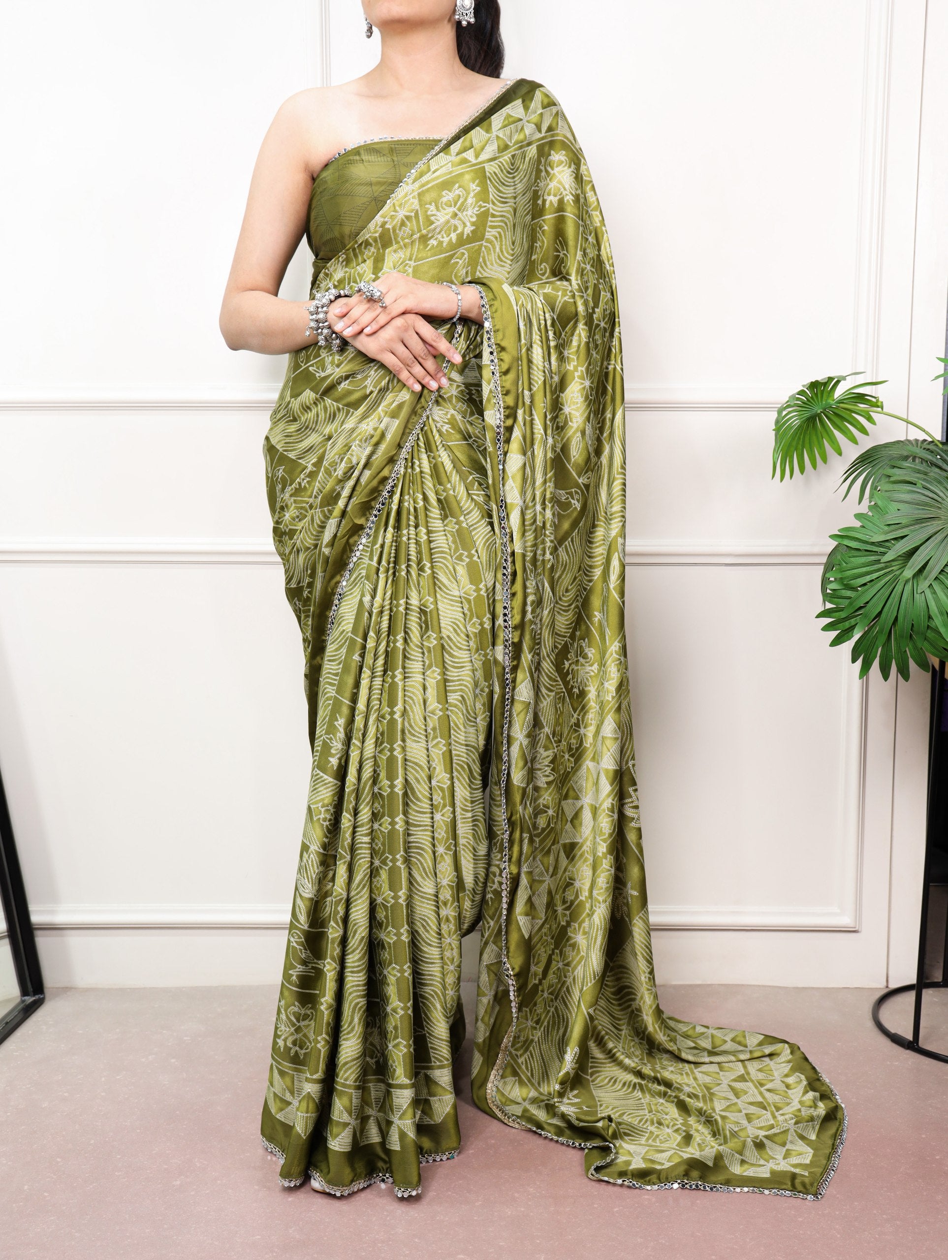 Vaidehi Satin Silk Geometric Print Mirror Lace Saree with Stitched Blouse