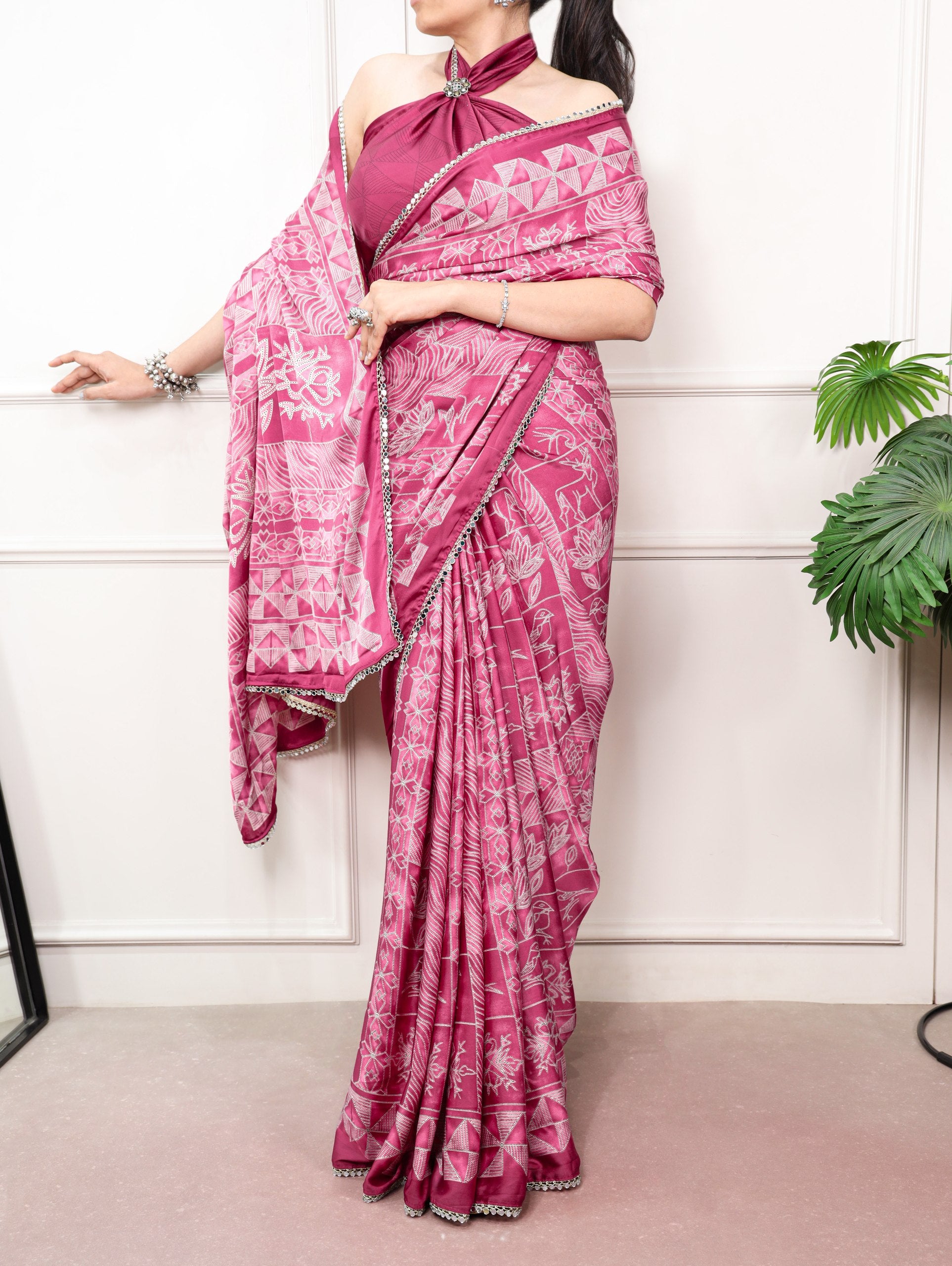 Vaidehi Satin Silk Geometric Print Mirror Lace Saree with Stitched Blouse