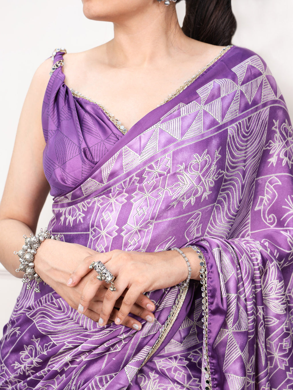 Vaidehi Satin Silk Geometric Print Mirror Lace Saree with Stitched Blouse