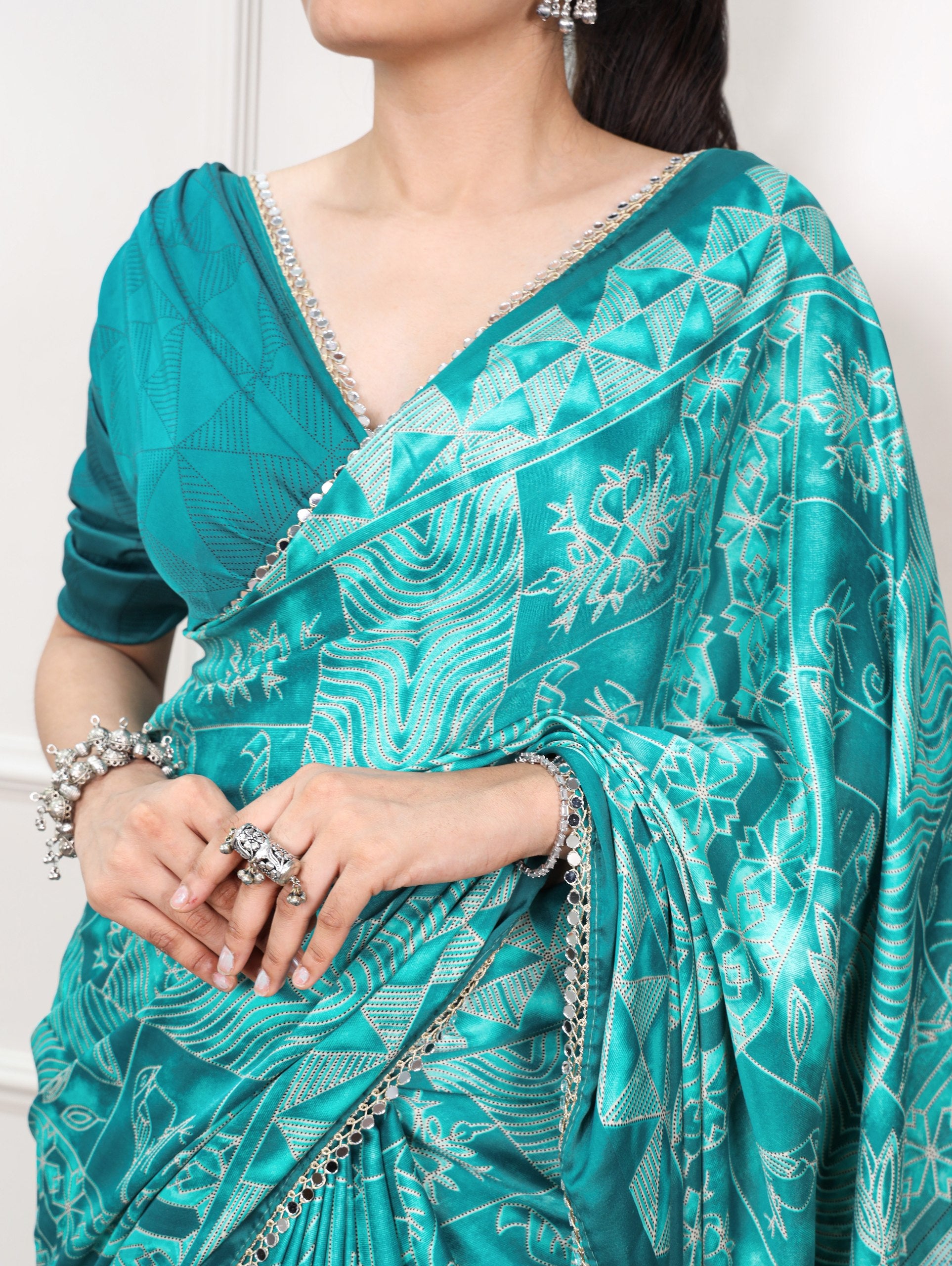 Vaidehi Satin Silk Geometric Print Mirror Lace Saree with Stitched Blouse