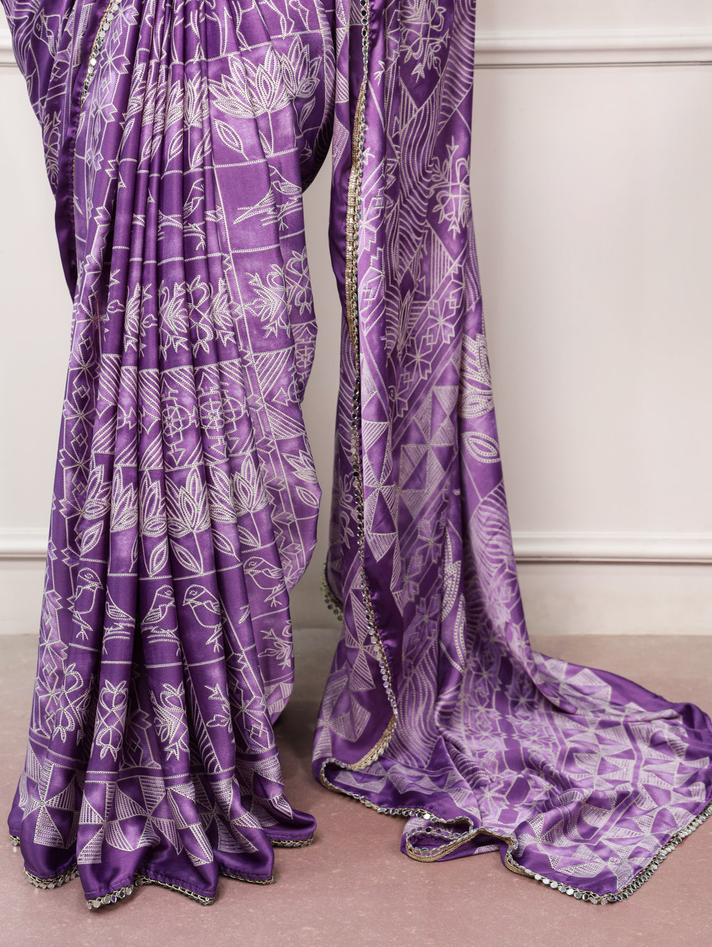 Vaidehi Satin Silk Geometric Print Mirror Lace Saree with Stitched Blouse