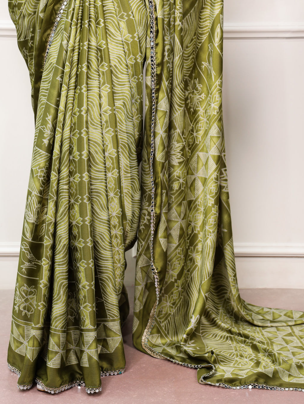 Vaidehi Satin Silk Geometric Print Mirror Lace Saree with Stitched Blouse