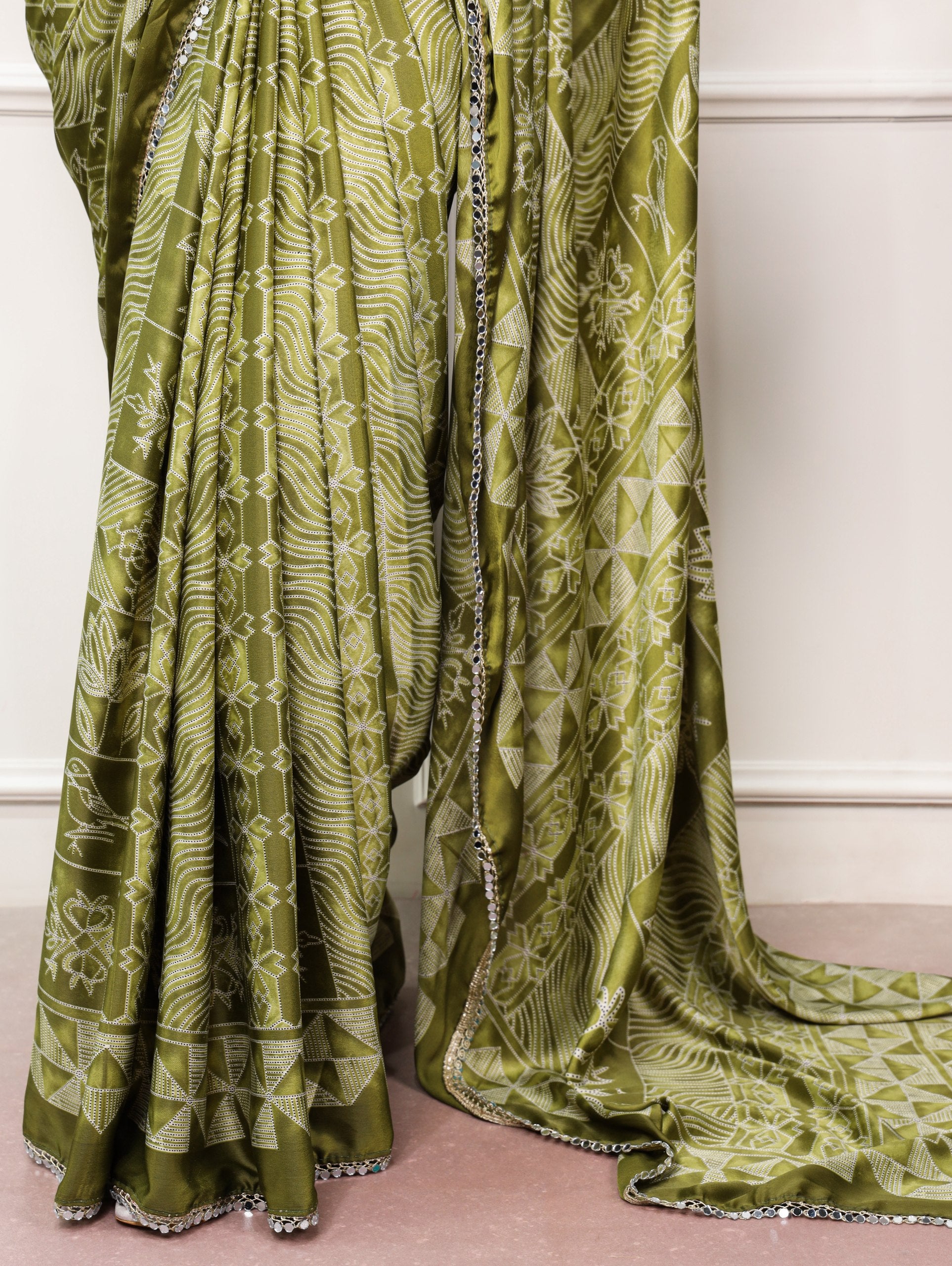 Vaidehi Satin Silk Geometric Print Mirror Lace Saree with Stitched Blouse