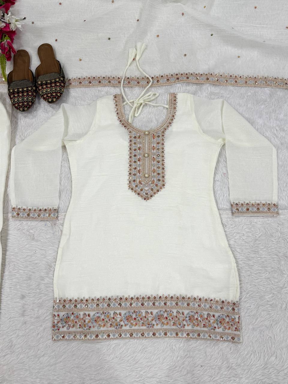Myra Heavy Crunchy Silk Embroidered Kurti Palazzo with Dupatta Set