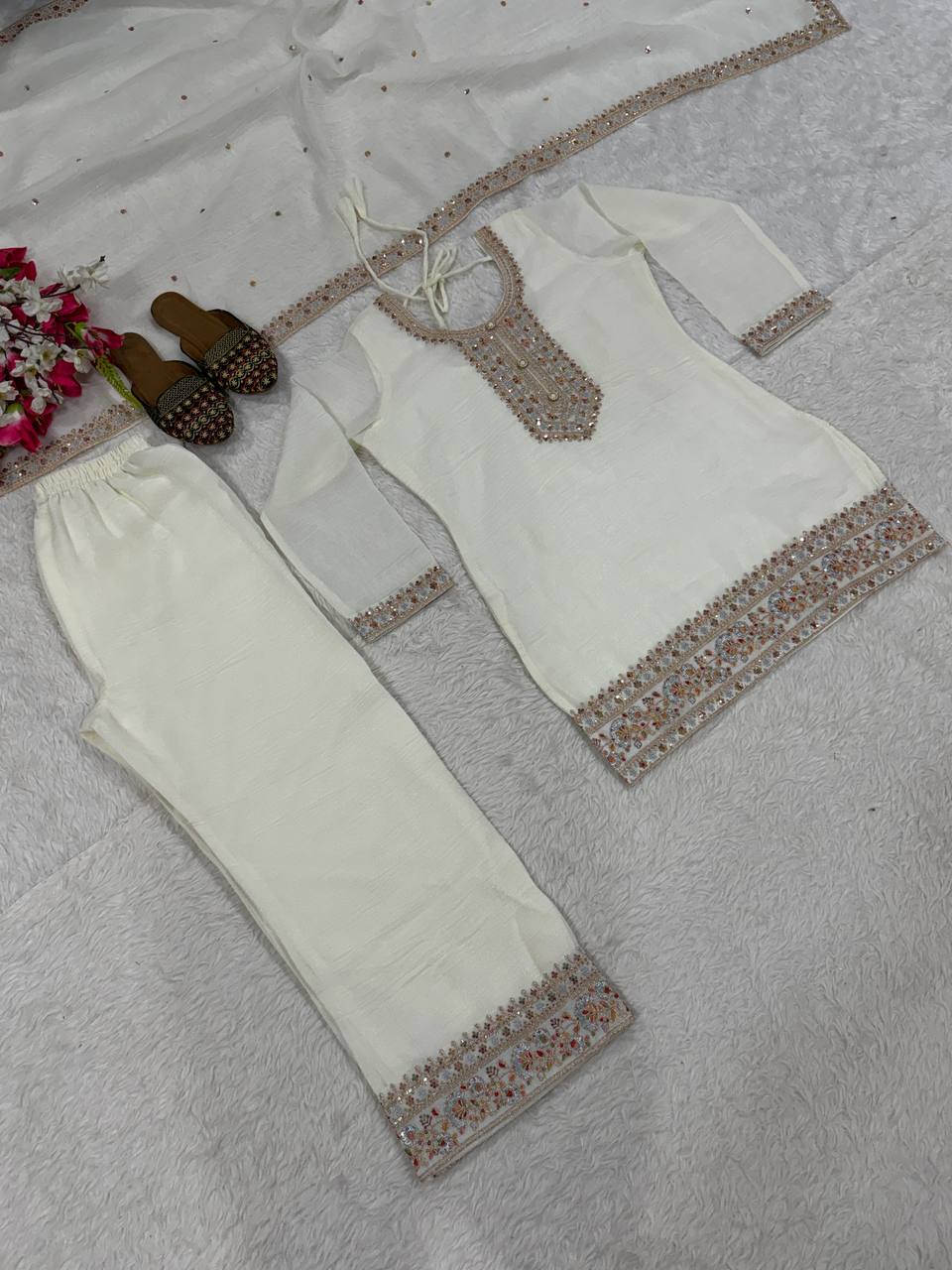 Myra Heavy Crunchy Silk Embroidered Kurti Palazzo with Dupatta Set