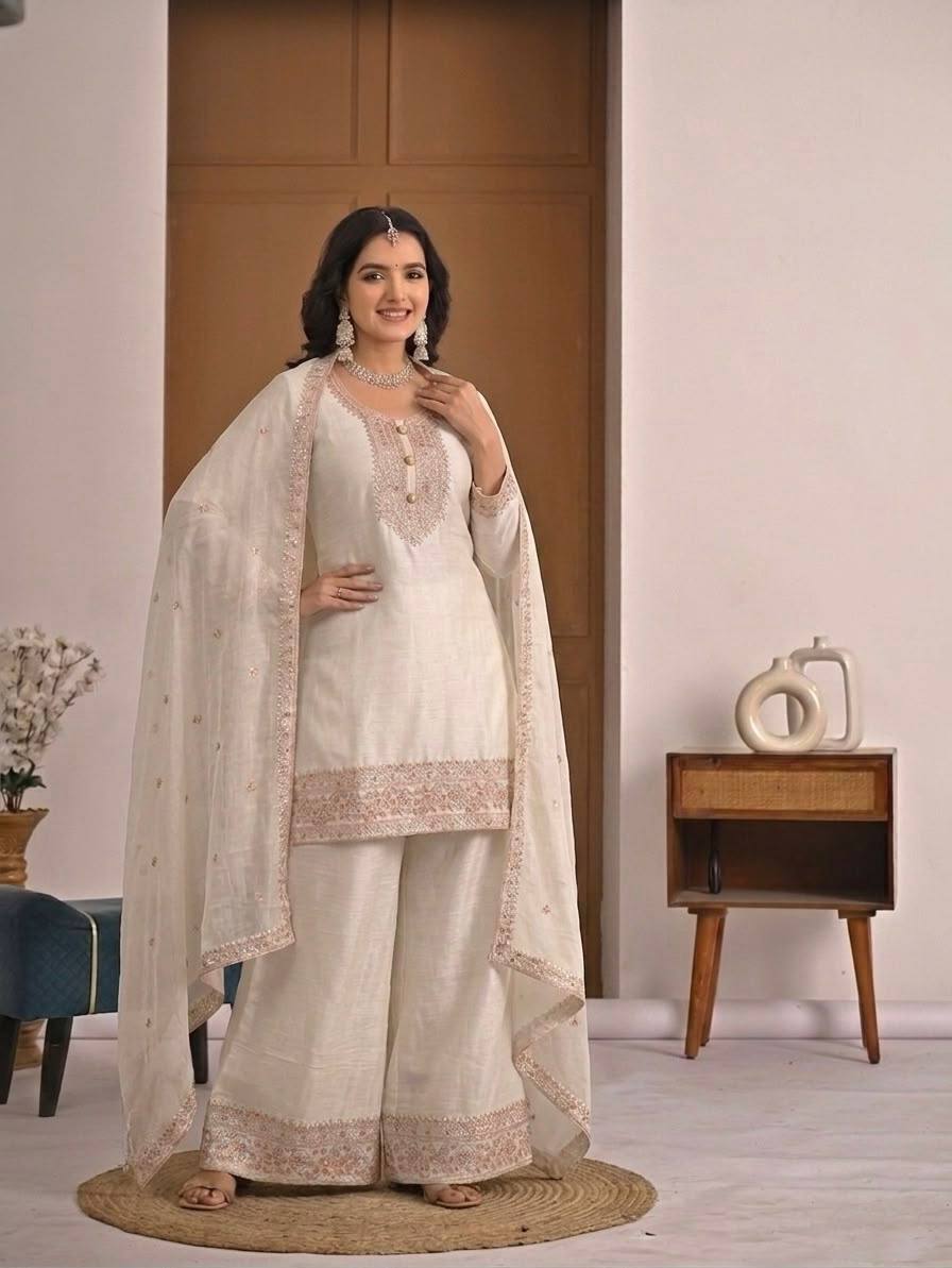 Myra Heavy Crunchy Silk Embroidered Kurti Palazzo with Dupatta Set