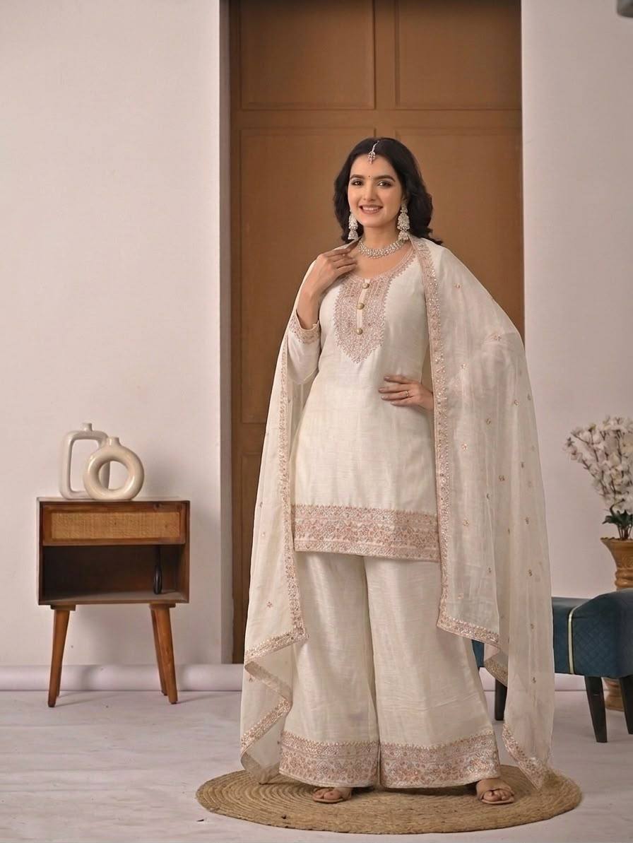 Myra Heavy Crunchy Silk Embroidered Kurti Palazzo with Dupatta Set