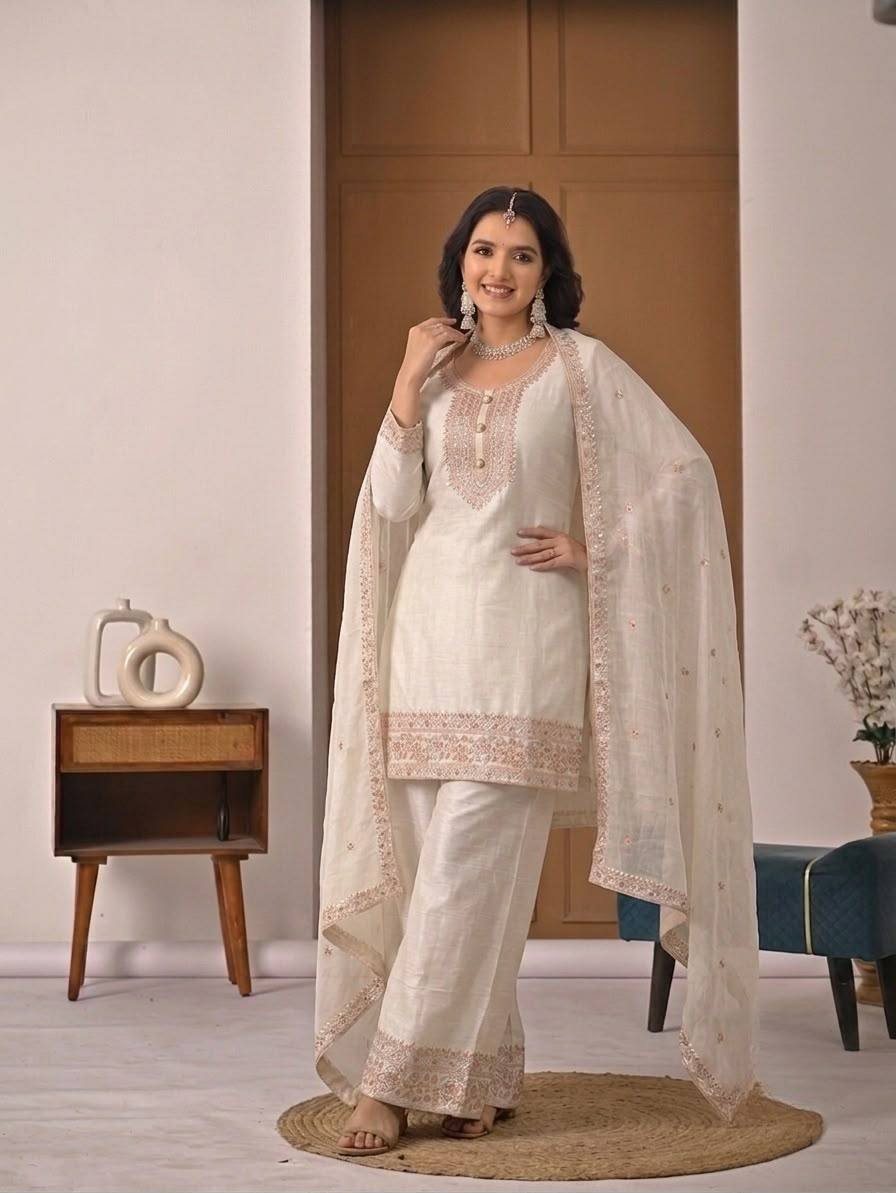 Myra Heavy Crunchy Silk Embroidered Kurti Palazzo with Dupatta Set