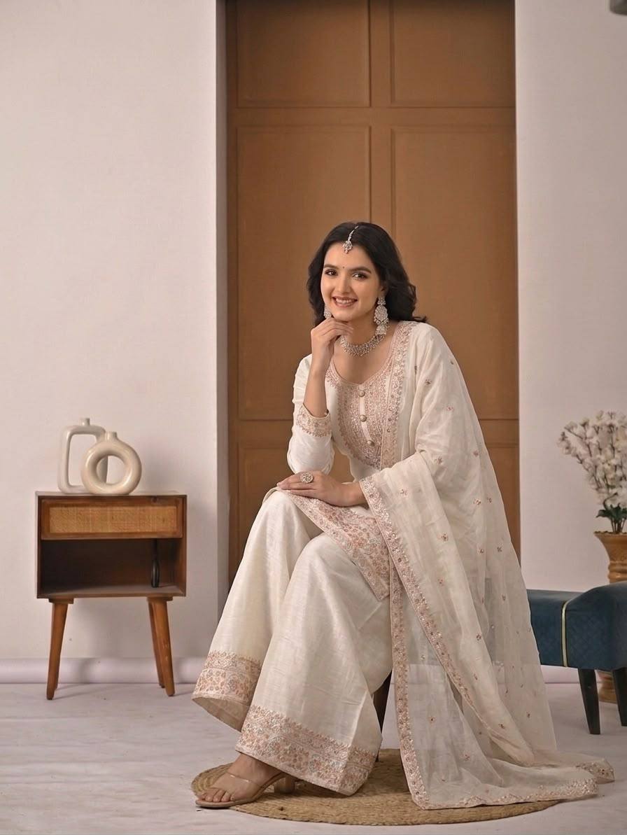 Myra Heavy Crunchy Silk Embroidered Kurti Palazzo with Dupatta Set